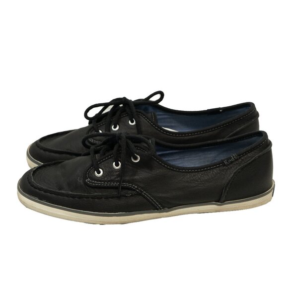 Keds Leather Sneaker Black Minimal Low Retro 60s Goth Lace Up Boat Classic Shoe - Picture 1 of 12